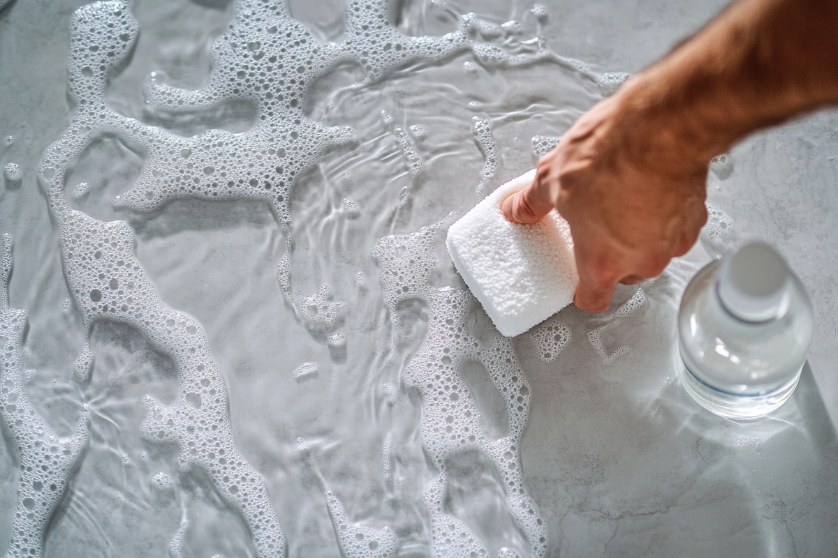 Nettoyage d'un bac de douche en résine avec une éponge magique et du vinaigre blanc